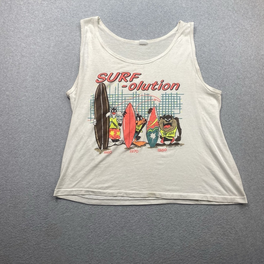 VTG 80's Warner Bros White Tank Top Sz L‎ Muscle Shirt Cartoon